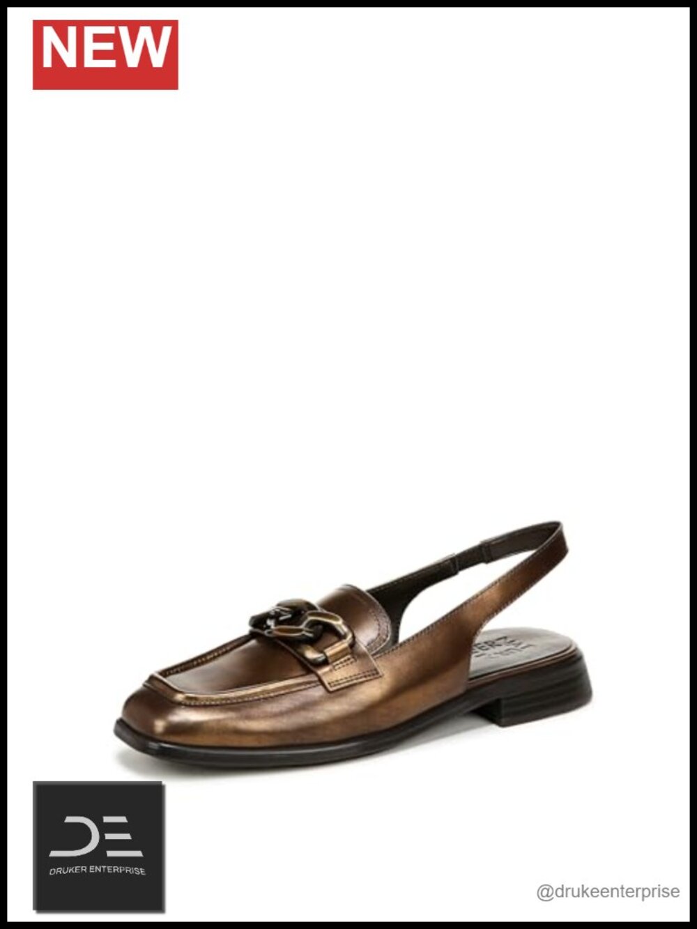 Women's Slingback Loafer Flats with Chain Detail - Leather Square Toe Comfort